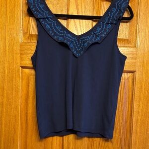 Johnny Was Navy Tank with Embroidered V-Neck